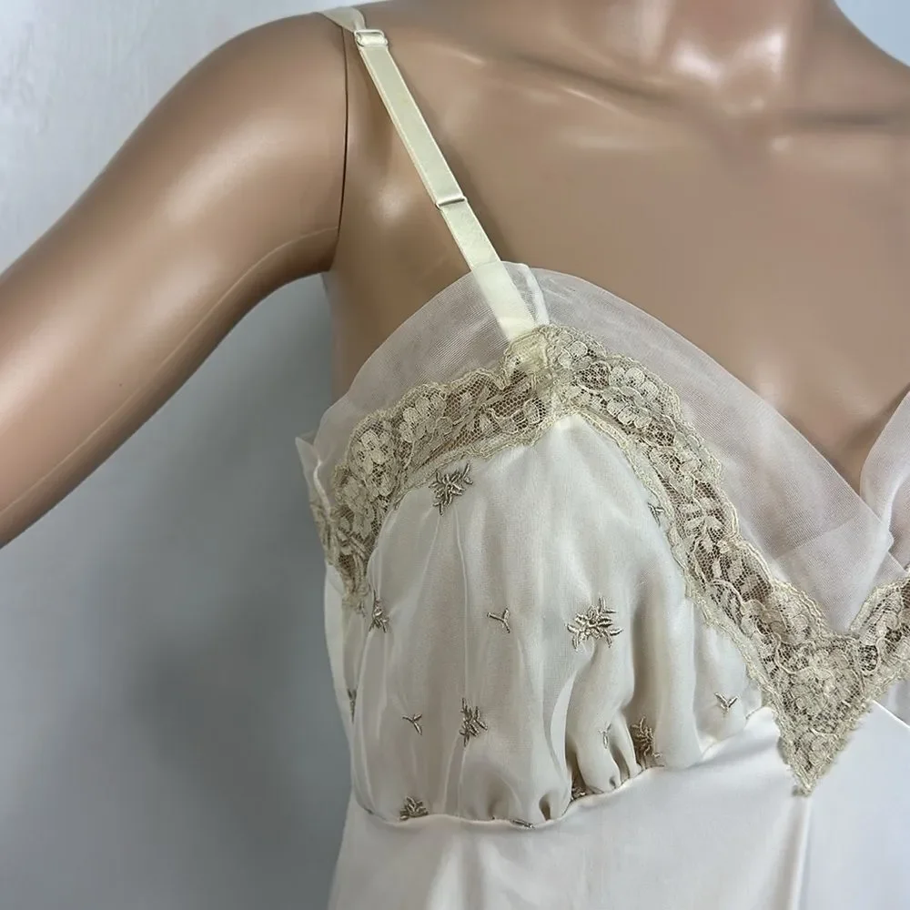 Van Raalte Suavette Vintage Cream Lace Trim Nightgown Slip Dress Size S/M